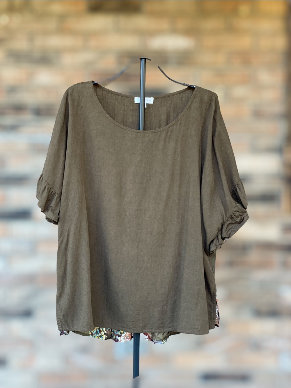 Umgee 2XL Green Linen Blend Blouse Floral Contrast Ruffle Sleeve Boho